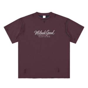 Hand-frayed Reversible T-shirt - Wine Red with Dark Blue, S