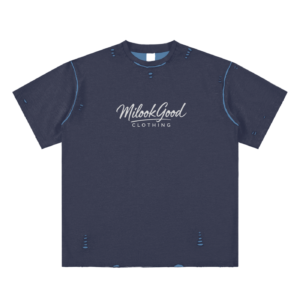 Hand-frayed Reversible T-shirt - Navy Blue with Light Blue, 2XL