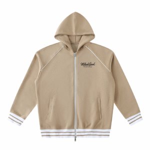 Striped Trim Zip-Up Hoodie - Khaki, S