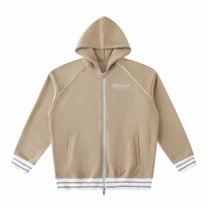 Striped Trim Zip-Up Hoodie - Khaki, XS