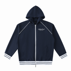 Striped Trim Zip-Up Hoodie - Navy Blue, XS