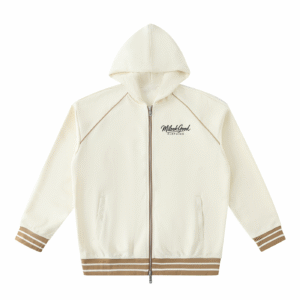 Striped Trim Zip-Up Hoodie - Mild Apricot, M