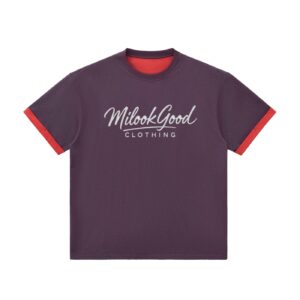 Contrast Cuff Cuffed T-Shirt - Purple, L