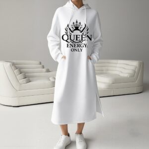 Women's Fleece-Lined Hoodie Dress With Side slits - White, XL