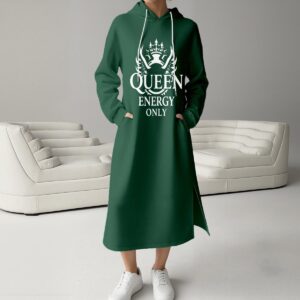 Women's Fleece-Lined Hoodie Dress With Side slits - Forest Green, S