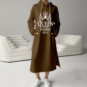 Women's Fleece-Lined Hoodie Dress With Side slits - Espresso Brown, 3XL