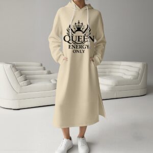Women's Fleece-Lined Hoodie Dress With Side slits - Vanilla Cream, L