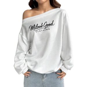 Women's Off-Shoulder Sweatshirt with Micro-Fleece Lining - White, L