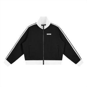 Contrast Side Stripe Fleece Cropped Track Jacket (Women) - Black, L