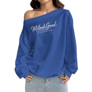 Women's Off-Shoulder Sweatshirt with Micro-Fleece Lining - Prussian Blue, XS