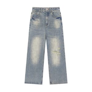 Vintage Wash Distressed Denim Jeans (Wide-Leg, Unisex) - Blue, M