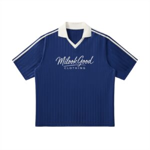Contrast Collar Striped Soccer Jersey (Unisex) - Navy Blue with White, L