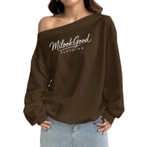 Women's Off-Shoulder Sweatshirt with Micro-Fleece Lining - Espresso Brown, 3XL